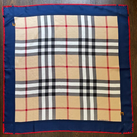 Burberry Silk Wrap with Tag Iconic House Check Beige with Blue Border Scarf